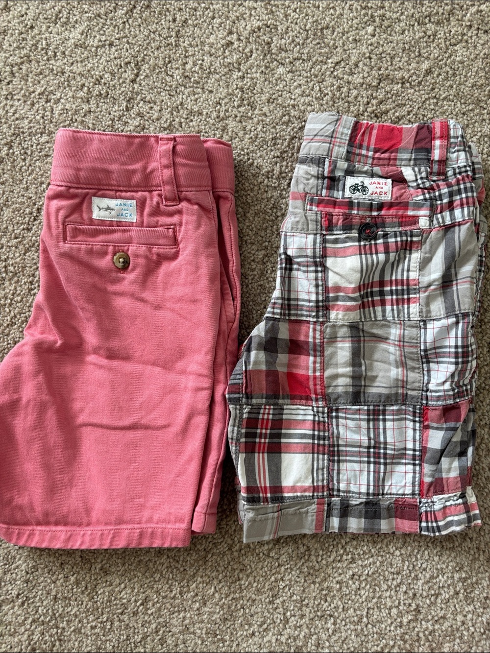 Janie and Jack Pink Solid Shorts & Red Plaid Patchwork Shorts Set Size 2T Cotton